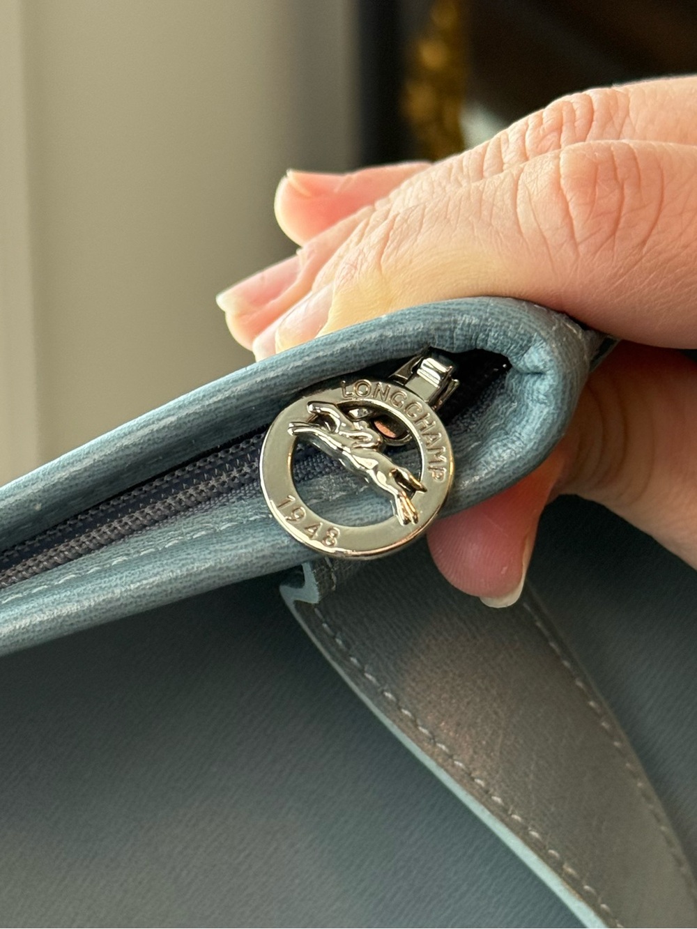 Longchamp Roseau Leather Bucket Bag Blue Grey - Picture 3 of 14